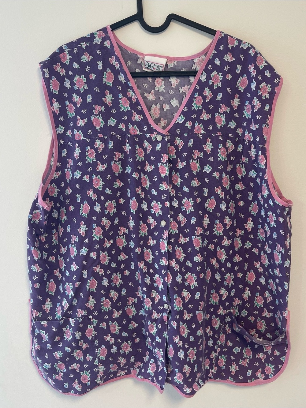 Vintage Floral Print Smock Apron Pearl Snap Pockets Made in USA Womens 3XL